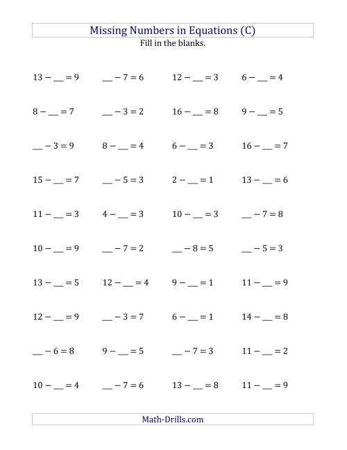 The Missing Numbers in Equations (Blanks) -- Subtraction (Range 1 to 9) (C) Math Worksheet