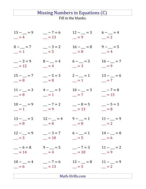 The Missing Numbers in Equations (Blanks) -- Subtraction (Range 1 to 9) (C) Math Worksheet Page 2