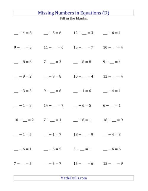 The Missing Numbers in Equations (Blanks) -- Subtraction (Range 1 to 9) (D) Math Worksheet