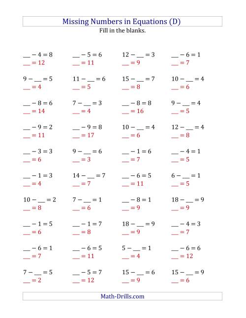 The Missing Numbers in Equations (Blanks) -- Subtraction (Range 1 to 9) (D) Math Worksheet Page 2