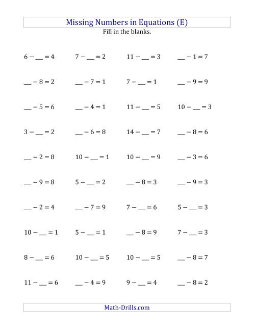 The Missing Numbers in Equations (Blanks) -- Subtraction (Range 1 to 9) (E) Math Worksheet