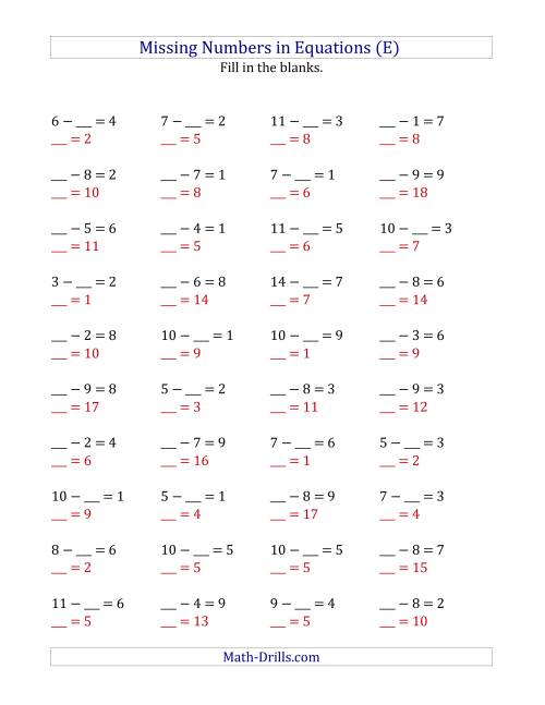 The Missing Numbers in Equations (Blanks) -- Subtraction (Range 1 to 9) (E) Math Worksheet Page 2