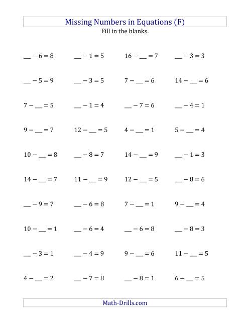 The Missing Numbers in Equations (Blanks) -- Subtraction (Range 1 to 9) (F) Math Worksheet