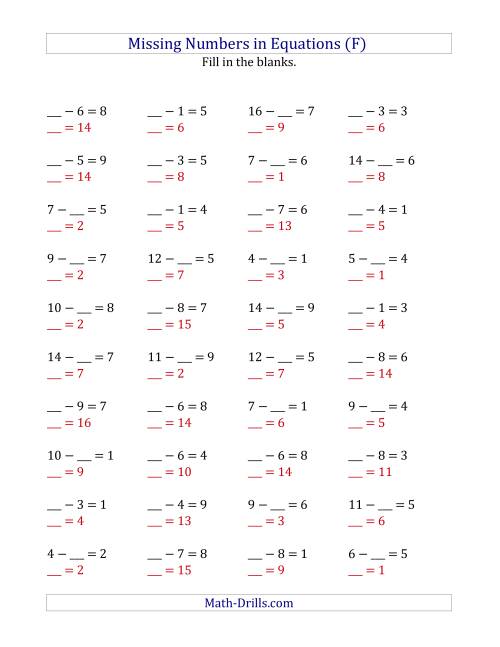 The Missing Numbers in Equations (Blanks) -- Subtraction (Range 1 to 9) (F) Math Worksheet Page 2
