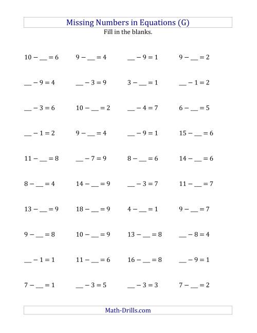 The Missing Numbers in Equations (Blanks) -- Subtraction (Range 1 to 9) (G) Math Worksheet