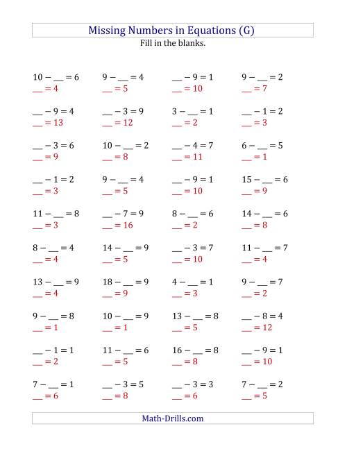 The Missing Numbers in Equations (Blanks) -- Subtraction (Range 1 to 9) (G) Math Worksheet Page 2