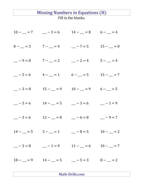 The Missing Numbers in Equations (Blanks) -- Subtraction (Range 1 to 9) (H) Math Worksheet