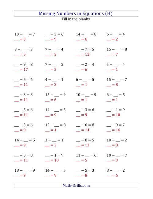 The Missing Numbers in Equations (Blanks) -- Subtraction (Range 1 to 9) (H) Math Worksheet Page 2