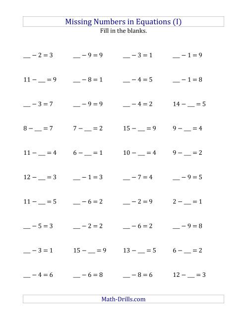 The Missing Numbers in Equations (Blanks) -- Subtraction (Range 1 to 9) (I) Math Worksheet