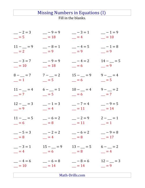The Missing Numbers in Equations (Blanks) -- Subtraction (Range 1 to 9) (I) Math Worksheet Page 2