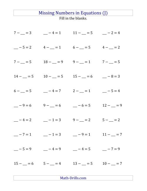 The Missing Numbers in Equations (Blanks) -- Subtraction (Range 1 to 9) (J) Math Worksheet