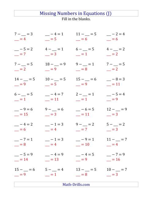 The Missing Numbers in Equations (Blanks) -- Subtraction (Range 1 to 9) (J) Math Worksheet Page 2