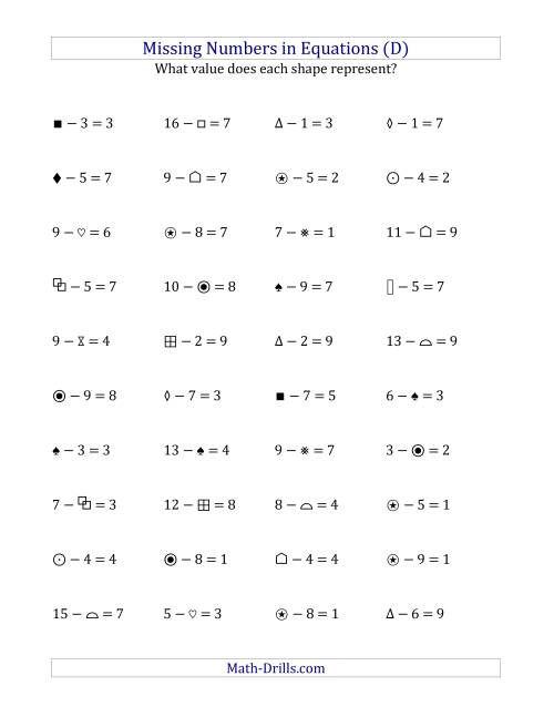 The Missing Numbers in Equations (Symbols) -- Subtraction (Range 1 to 9) (D) Math Worksheet