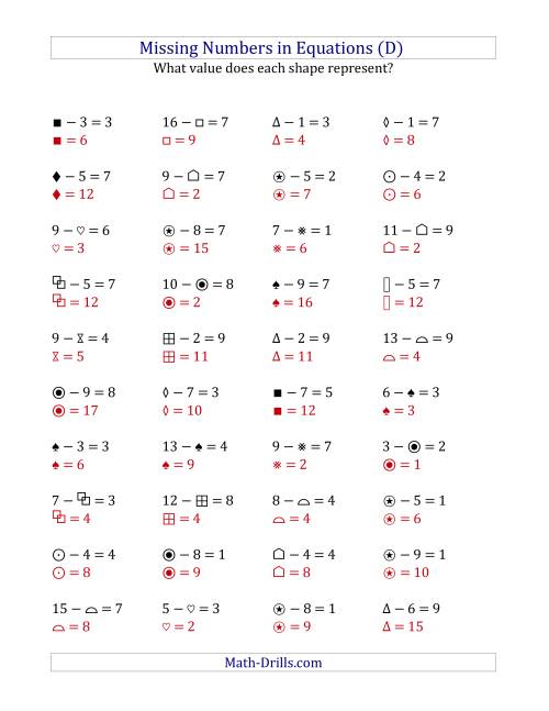 The Missing Numbers in Equations (Symbols) -- Subtraction (Range 1 to 9) (D) Math Worksheet Page 2