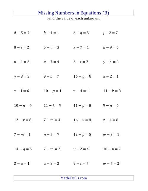 The Missing Numbers in Equations (Variables) -- Subtraction (Range 1 to 9) (B) Math Worksheet