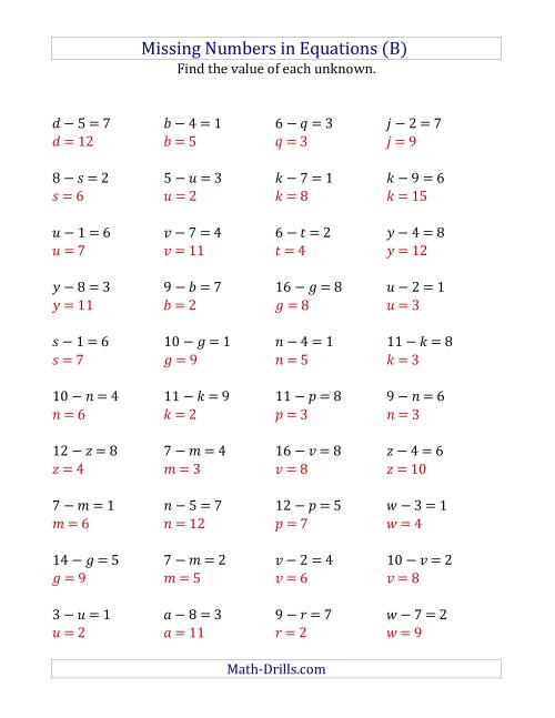 The Missing Numbers in Equations (Variables) -- Subtraction (Range 1 to 9) (B) Math Worksheet Page 2