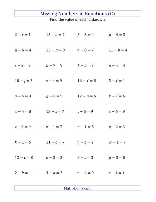 The Missing Numbers in Equations (Variables) -- Subtraction (Range 1 to 9) (C) Math Worksheet
