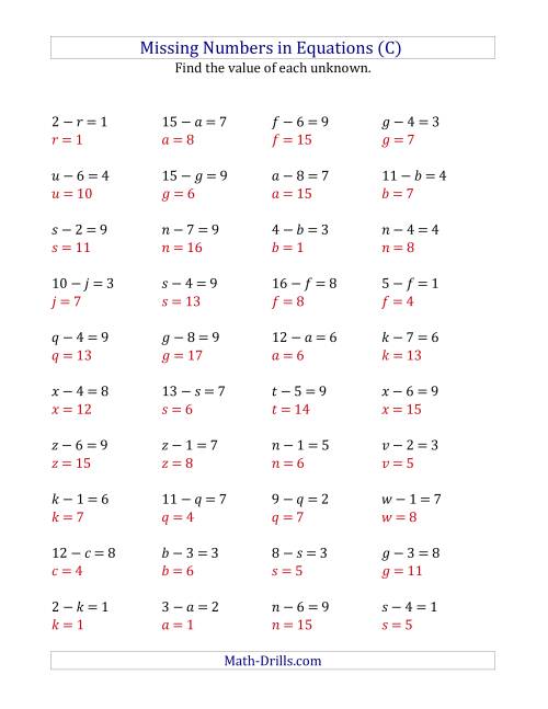 The Missing Numbers in Equations (Variables) -- Subtraction (Range 1 to 9) (C) Math Worksheet Page 2