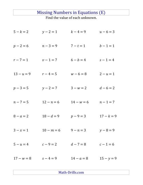 The Missing Numbers in Equations (Variables) -- Subtraction (Range 1 to 9) (E) Math Worksheet