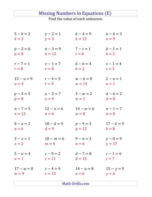 The Missing Numbers in Equations (Variables) -- Subtraction (Range 1 to 9) (E) Math Worksheet Page 2
