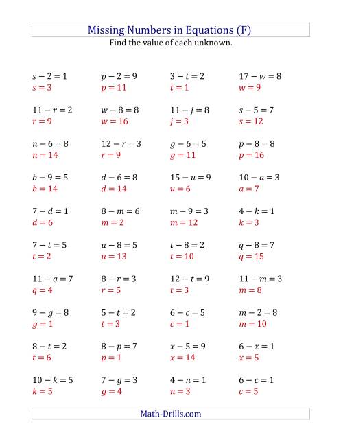 The Missing Numbers in Equations (Variables) -- Subtraction (Range 1 to 9) (F) Math Worksheet Page 2