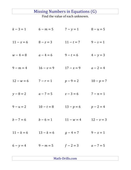 The Missing Numbers in Equations (Variables) -- Subtraction (Range 1 to 9) (G) Math Worksheet
