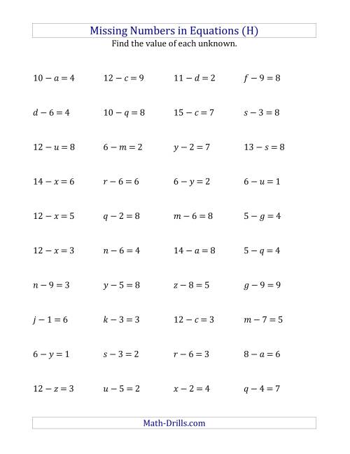 The Missing Numbers in Equations (Variables) -- Subtraction (Range 1 to 9) (H) Math Worksheet