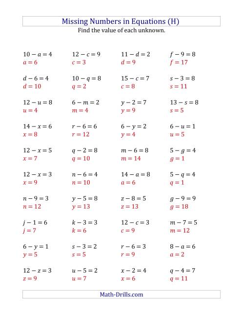 The Missing Numbers in Equations (Variables) -- Subtraction (Range 1 to 9) (H) Math Worksheet Page 2