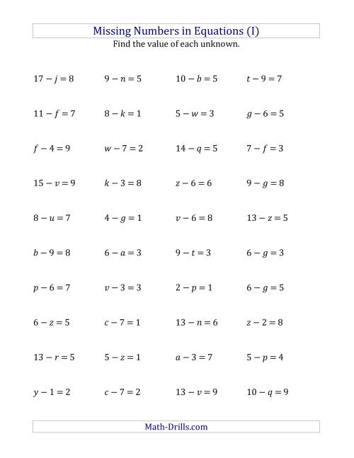 The Missing Numbers in Equations (Variables) -- Subtraction (Range 1 to 9) (I) Math Worksheet