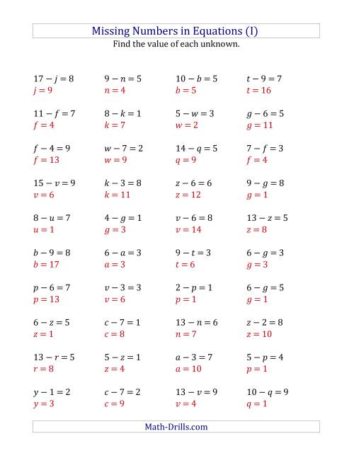 The Missing Numbers in Equations (Variables) -- Subtraction (Range 1 to 9) (I) Math Worksheet Page 2