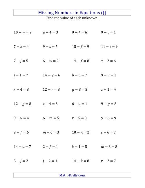 The Missing Numbers in Equations (Variables) -- Subtraction (Range 1 to 9) (J) Math Worksheet