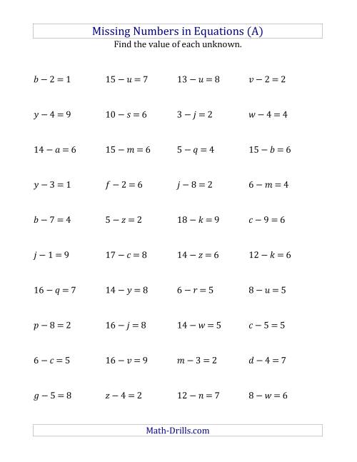 The Missing Numbers in Equations (Variables) -- Subtraction (Range 1 to 9) (All) Math Worksheet