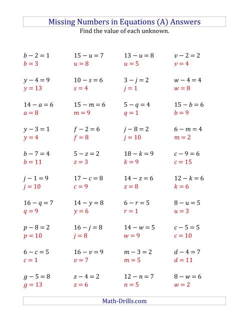 The Missing Numbers in Equations (Variables) -- Subtraction (Range 1 to 9) (All) Math Worksheet Page 2