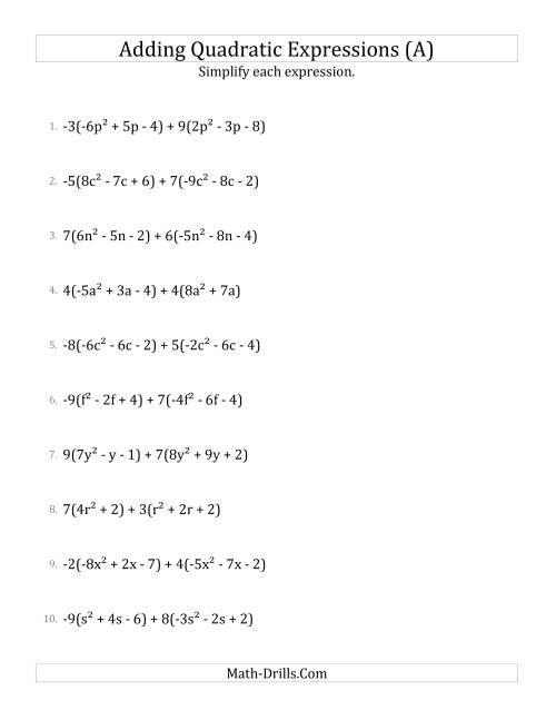 The Adding and Simplifying Quadratic Expressions with Multipliers (A) Math Worksheet