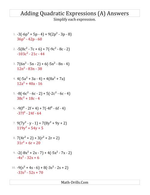 The Adding and Simplifying Quadratic Expressions with Multipliers (A) Math Worksheet Page 2