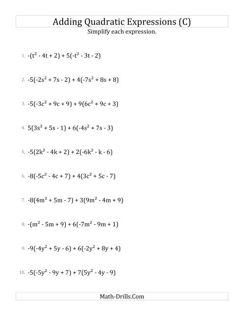 The Adding and Simplifying Quadratic Expressions with Multipliers (C) Math Worksheet