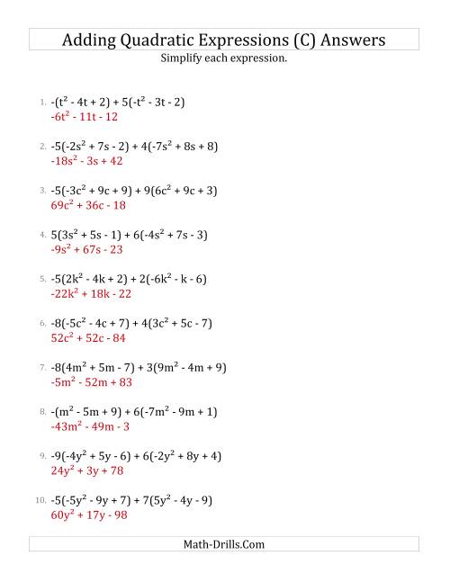 The Adding and Simplifying Quadratic Expressions with Multipliers (C) Math Worksheet Page 2
