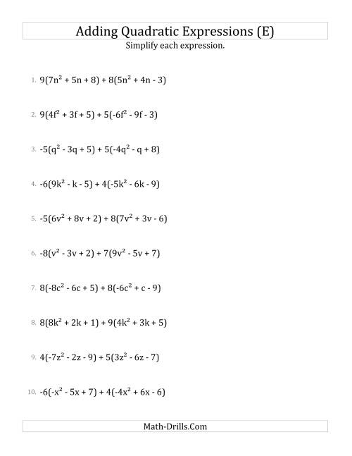 The Adding and Simplifying Quadratic Expressions with Multipliers (E) Math Worksheet