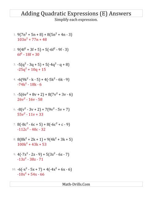 The Adding and Simplifying Quadratic Expressions with Multipliers (E) Math Worksheet Page 2