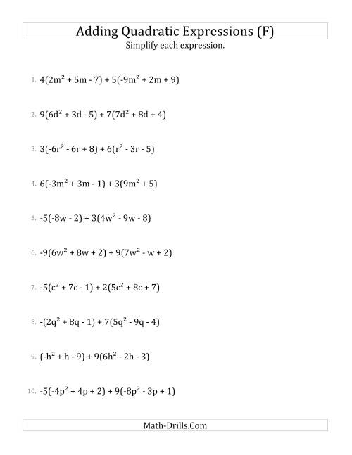 The Adding and Simplifying Quadratic Expressions with Multipliers (F) Math Worksheet