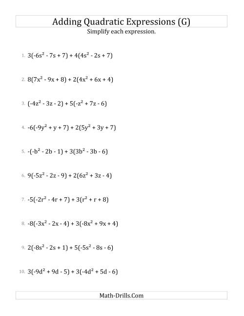 The Adding and Simplifying Quadratic Expressions with Multipliers (G) Math Worksheet