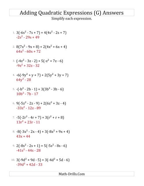The Adding and Simplifying Quadratic Expressions with Multipliers (G) Math Worksheet Page 2