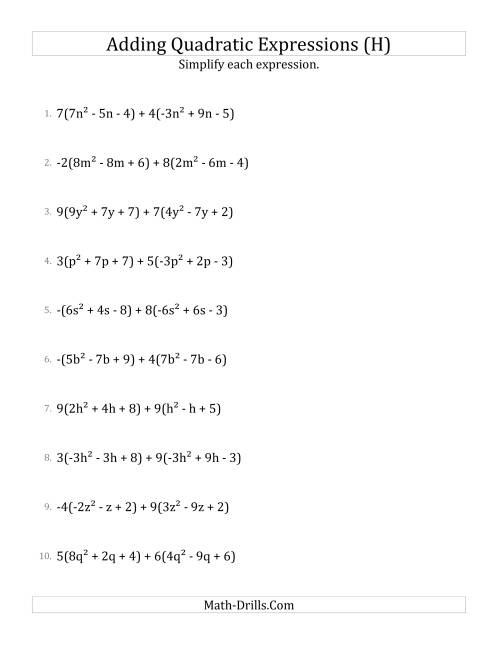 The Adding and Simplifying Quadratic Expressions with Multipliers (H) Math Worksheet