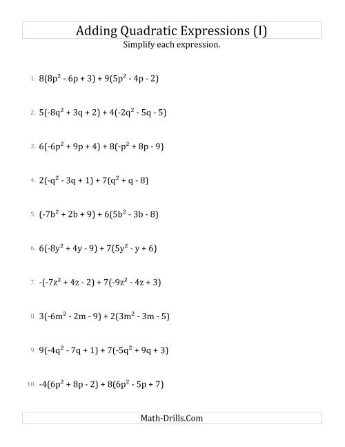 The Adding and Simplifying Quadratic Expressions with Multipliers (I) Math Worksheet
