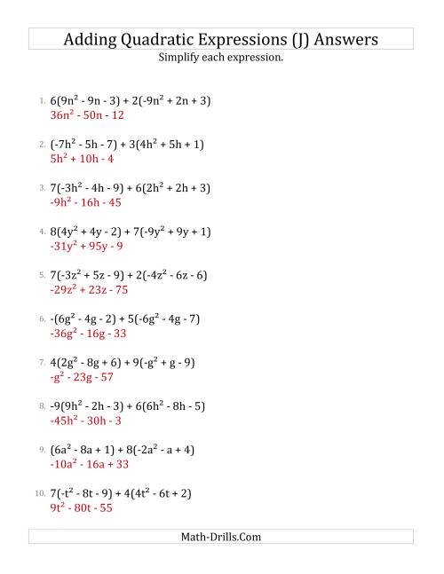 The Adding and Simplifying Quadratic Expressions with Multipliers (J) Math Worksheet Page 2