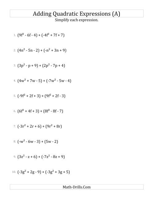 The Adding and Simplifying Quadratic Expressions (A) Math Worksheet