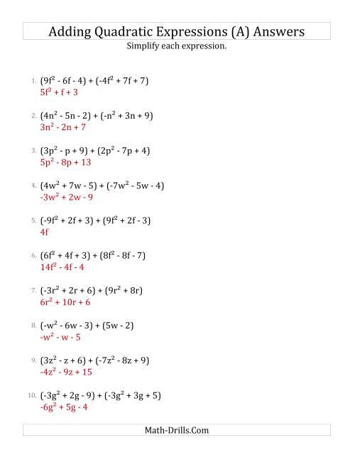The Adding and Simplifying Quadratic Expressions (A) Math Worksheet Page 2