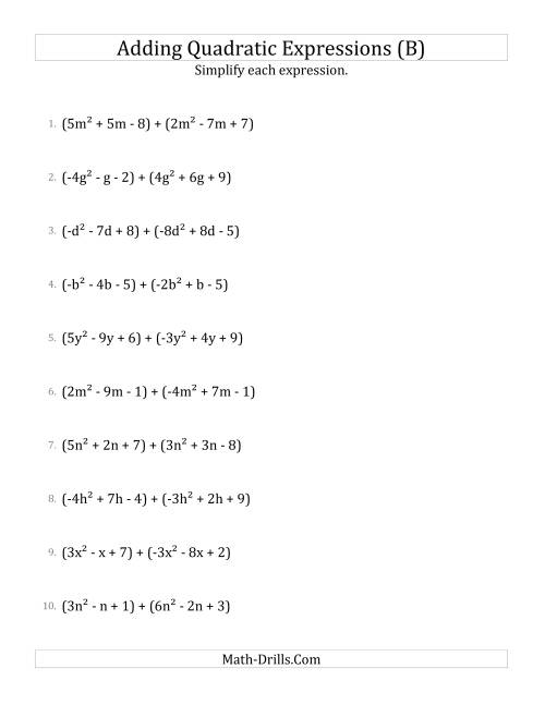 The Adding and Simplifying Quadratic Expressions (B) Math Worksheet