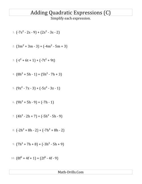 The Adding and Simplifying Quadratic Expressions (C) Math Worksheet