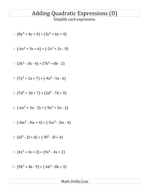 The Adding and Simplifying Quadratic Expressions (D) Math Worksheet